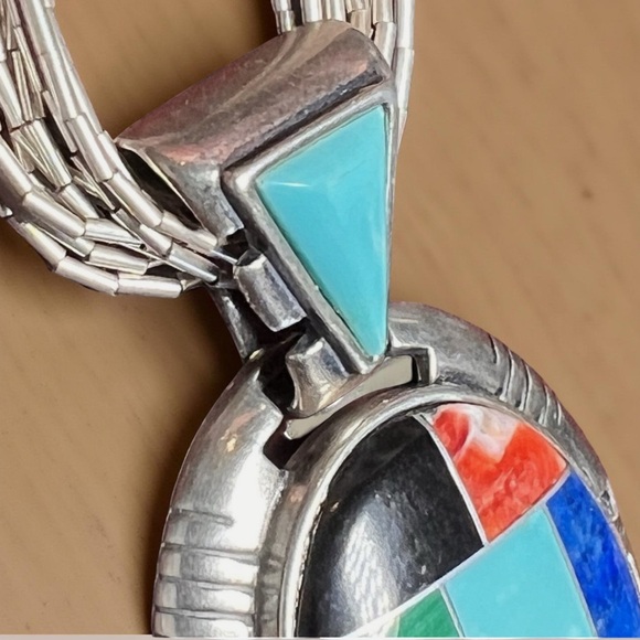 Signed Vtg Carolyn Pollack Southwestern 925 Sterling Turquoise Mosaic Necklace - Picture 4 of 16